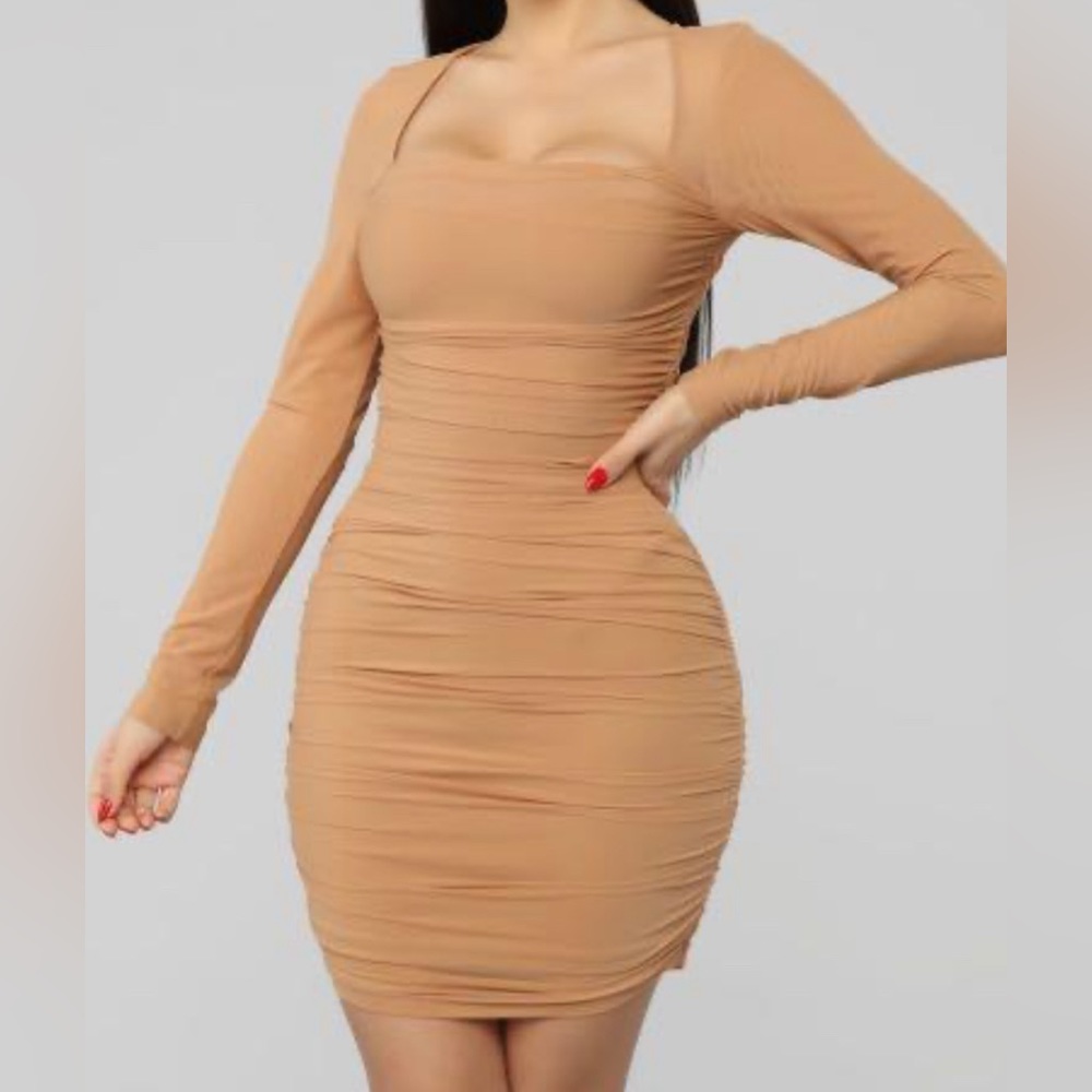 Nude Mesh Side Runched Mini Dress XSmall NWT